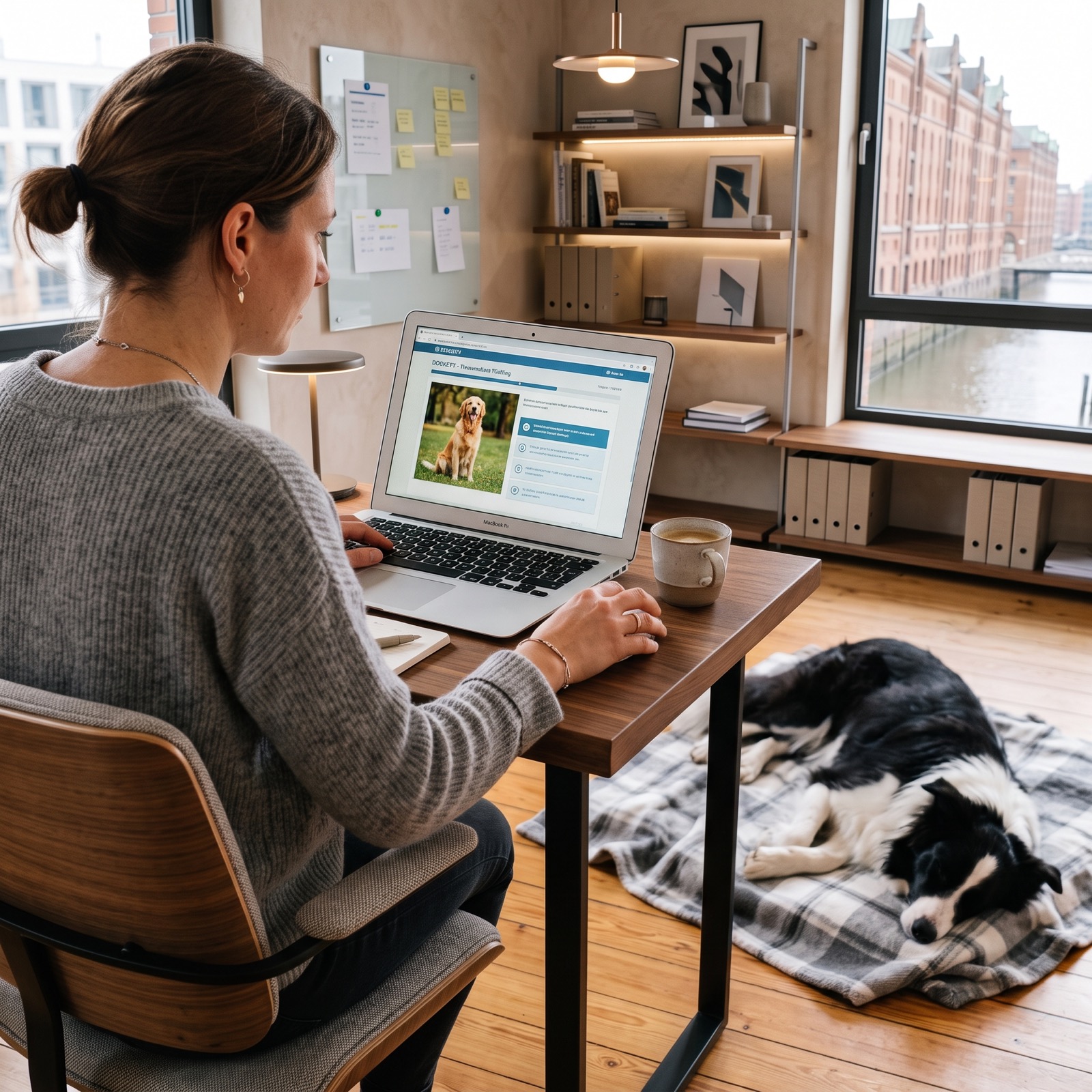Frau mit Hund im modernen Home-Office