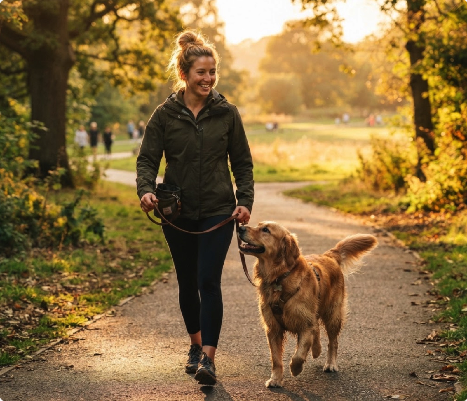 Frau geht mit Golden Retriever im Park spazieren